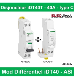 Schneider - Acti9 iDT40 - Disjoncteur 40A type C avec module différentiel 40A type ASI - Réf : A9P22640 + A9Y64640