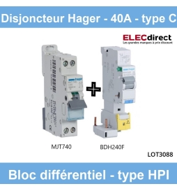 Hager - Disjoncteur 40A type C avec Bloc différentiel 40A type HPI - Réf : BDH240F + MJT740