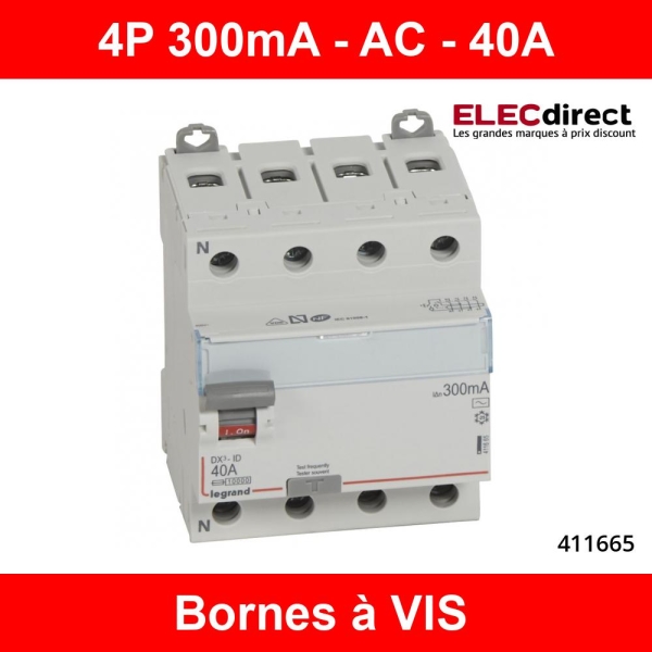 Disjoncteur différentiel monobloc 4P 40A 300mA DX3 LEGRAND