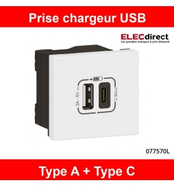 Legrand - Mosaic - Chargeur Simple USB Type-C - 3A - 30W Power Delivery - 2  Modules - Réf : 077585L - ELECdirect Vente Matériel Électrique
