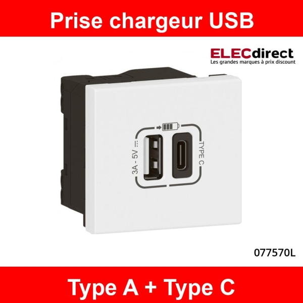 Legrand - Mosaic Link - Prise USB Type-A + USB Type-C - 3A - 15W - 2  modules - Réf : 077570L - ELECdirect Vente Matériel Électrique