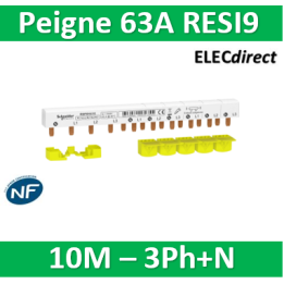 Schneider - Resi9 xp peigne monobloc - 3p+n - 63a - 10 modules - cache dents 5m - Réf : R9PXH410
