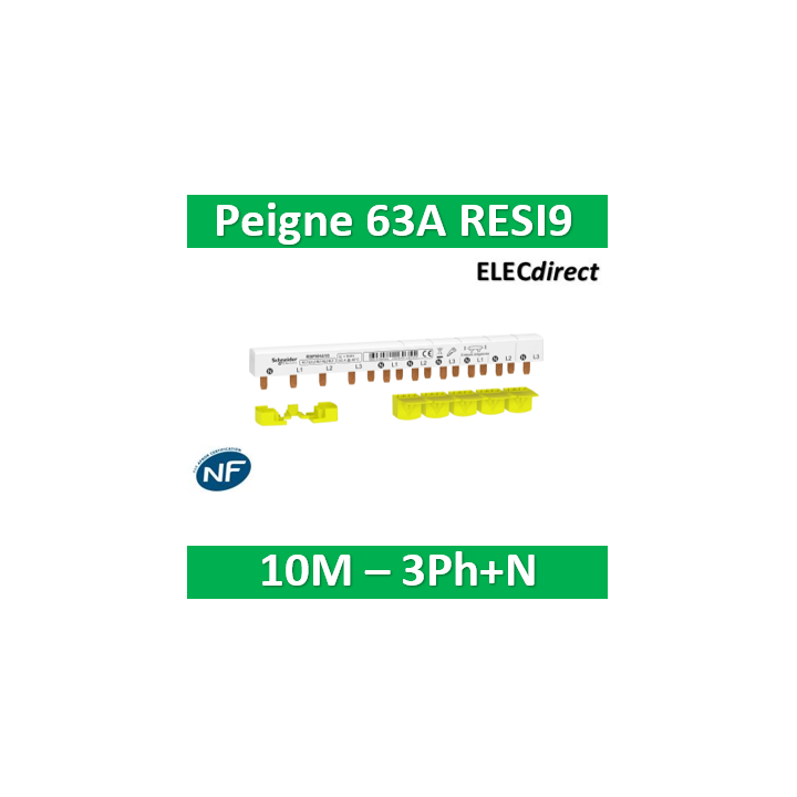 Schneider - Resi9 xp peigne monobloc - 3p+n - 63a - 10 modules - cache dents 5m - Réf : R9PXH410