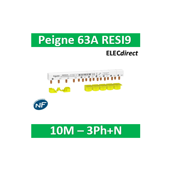 Schneider - Resi9 xp peigne monobloc - 3p+n - 63a - 10 modules - cache dents 5m - Réf : R9PXH410