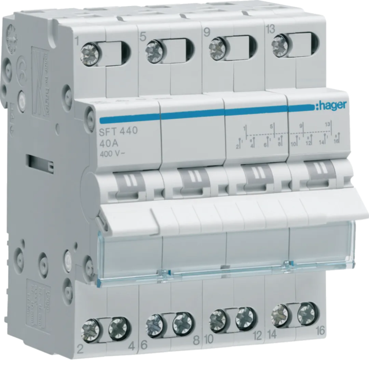Hager - Inverseur modulaire - 4P - 40A - point commun amont - I-0-II - Réf : SFT440