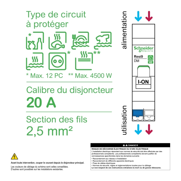 Schneider - Resi9 XE - Disjoncteur 20A - Courbe C - 1P+N - AUTO - EMBROCHABLE - Réf : R9EFC620