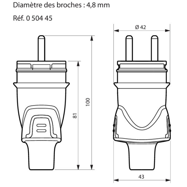 Legrand - Fiche 2P+T 16A 230V - caout - IP44 / IK08 - sortie droite - Réf : 050445