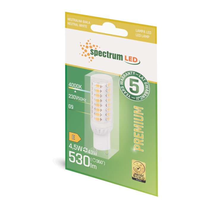 Spectrum - Ampoule LED G9 4,5W Premium - Angle 300°, 4000K, 530lm, 50 000h - Réf : WOJ+14437