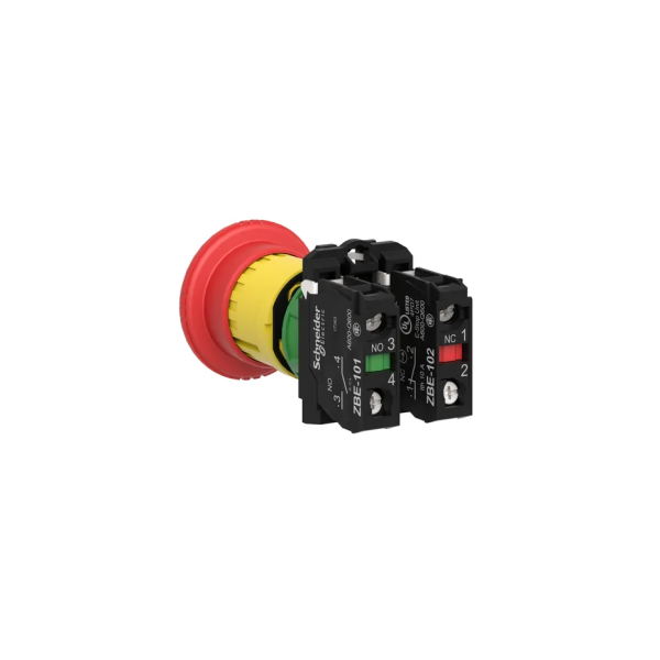 Schneider - Harmony XB5 - Arrêt d'urgence Rouge Ø22 tête Ø 40 - Tourner pour déverrouiller- 2 contacts : 1O+1F - Réf : XB5AS8445