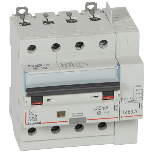 LEGRAND - Disjoncteur différentiel DX3 4P - 25A - 30ma - AC - 411199