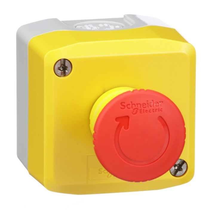 Schneider - boite jaune arrêt urgence rouge - pousser tourner - 1NF au repos - Ø40 - Réf : XALK178
