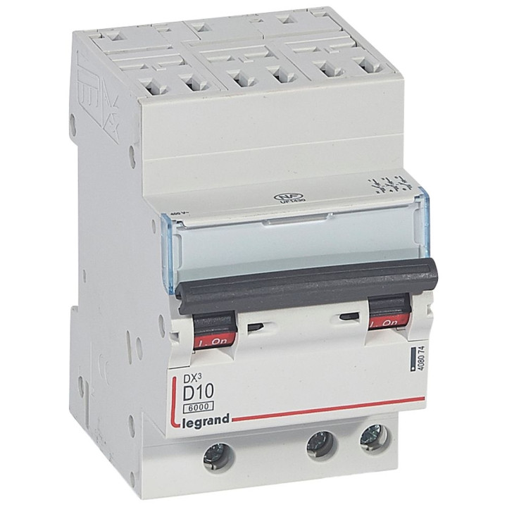 Legrand - Disjoncteur DX³6000 10kA arrivée auto départ vis 3P - 10A - courbe D - Réf : 408074