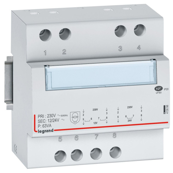 Legrand - Transformateur de sécurité - 230 V / 12 ou 24 V - 63 VA - Réf : 413098