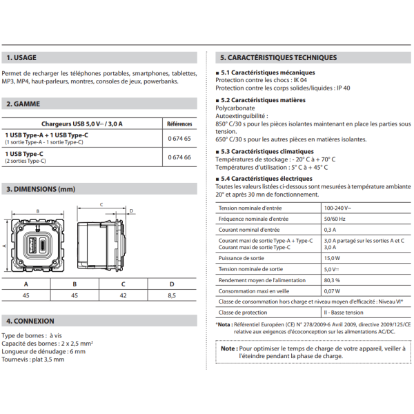 Legrand - Céliane - Mécanisme Double Prise USB - type C - 3A - 15W - Réf : 067466