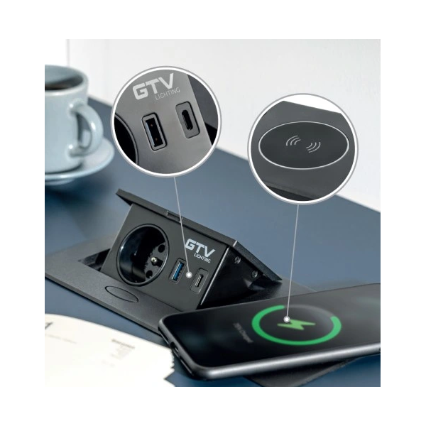 GTV Lighting - Bloc prise à encastrer AVARO - chargeur induction - 1 prise - 2 USB - Aluminium - Réf.: AE-PB1FAVAP-53