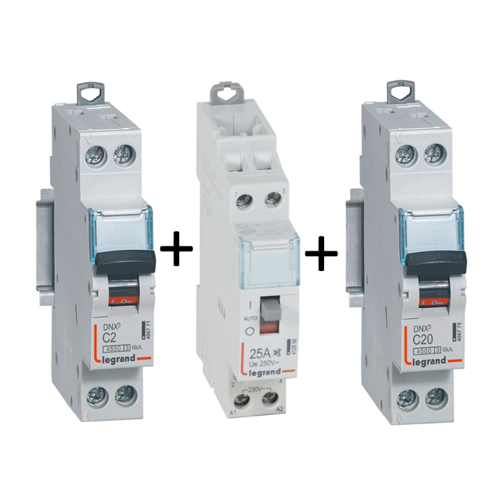 Legrand - LOT - Contacteur CX3 J/N heures creuses + disjoncteur 2A DNX3 + disjoncteur 20A DNX3 - 412558+406771+406775