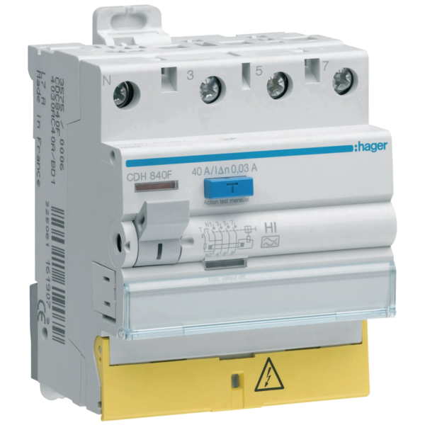 HAGER - Inter dif - 3P+N 40A - 30mA - type A HI - à bornes décalées - Réf : CDH840F