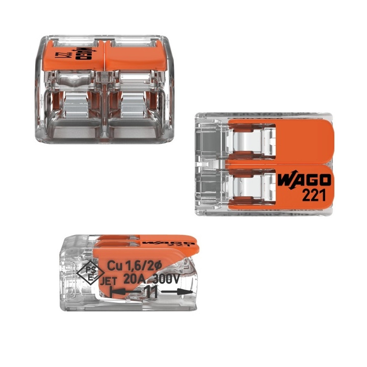 WAGO - Boîte de 100 Bornes auto fils Souple / Rigide 2 x (0.08 à 4mm2) - Réf.: WAG 221-412