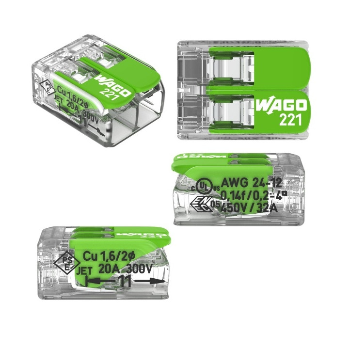 WAGO - Boîte de 100 Bornes GREEN Range auto fils souple / rigide 2x (0,2 à 4mm2) - Réf : WAG 221-422