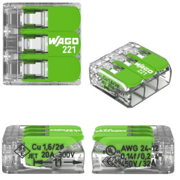 WAGO - Boîte de 50 Bornes GREEN Range auto fils souple / rigide 3 x (0,2 à 4mm2) - Réf : WAG 221-423
