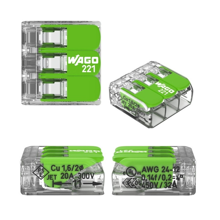 WAGO - Boîte de 50 Bornes GREEN Range auto fils souple / rigide 3 x (0,2 à 4mm2) - Réf : WAG 221-423