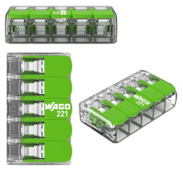WAGO - Boîte de 25 Bornes GREEN Range auto fils souple / rigide 5 x (0,2 à 4mm2) - Réf : WAG 221-425