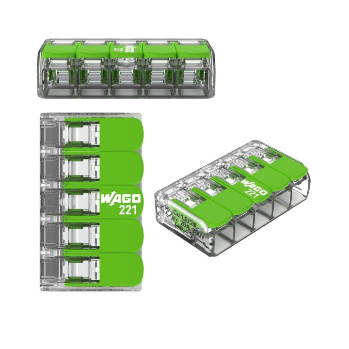 WAGO - Boîte de 25 Bornes GREEN Range auto fils souple / rigide 5 x (0,2 à 4mm2) - Réf : WAG 221-425