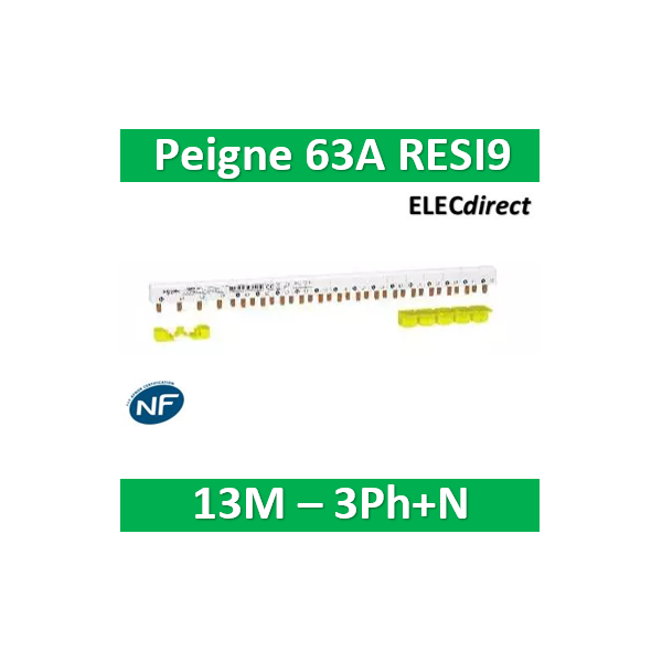 Schneider - Resi9 xp peigne monobloc - 3p+n - 63a - 13 modules - cache dents 5m - R9PXH413
