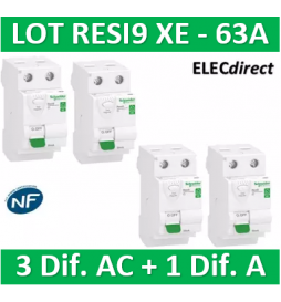 SCHNEIDER - LOT de 4 inter dif. XE - (3-ID 2x63A 30mA AC/1 - ID 2x63A 30mA A) R9ERC263x3+R9ERA263