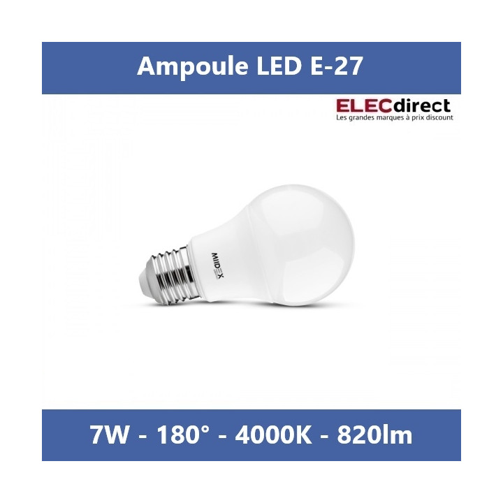Miidex - Ampoule LED E27 - LED 7W - E - Angle 180° - 4000K - 820lm - Réf : 100601