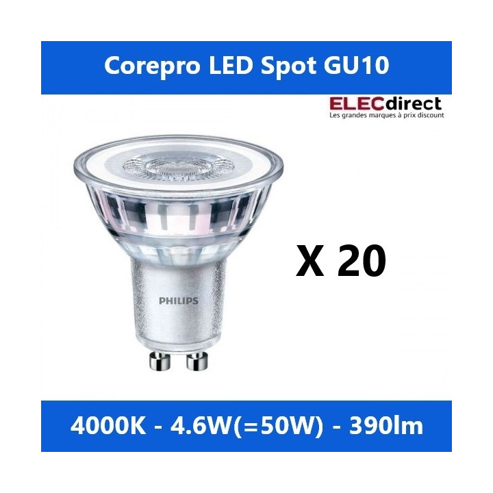 Philips - LOT de 10 Corepro LEDspot GU10 4000k 4.6W - 390lm - 36D - 840 - PAR 16 - Réf : 728390