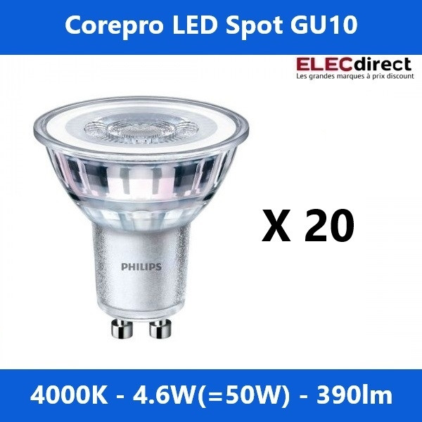 Philips - LOT de 10 Corepro LEDspot GU10 4000k 4.6W - 390lm - 36D - 840 - PAR 16 - Réf : 728390