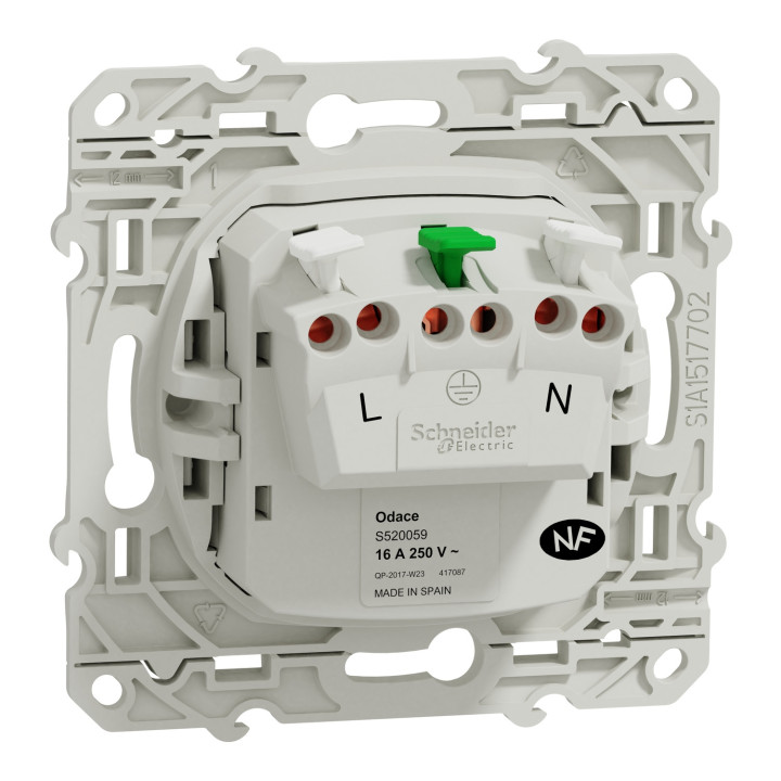 Schneider - Odace 2011 - Prise de courant - 2P+T - 16A - 250V - Bornes auto - Blanc - Réf : S520059