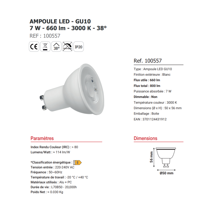 Miidex - Kit spot encastré BBC Fixe blanc 7W - 3000K - NON dimmable - Réf. : 7718 + 100557