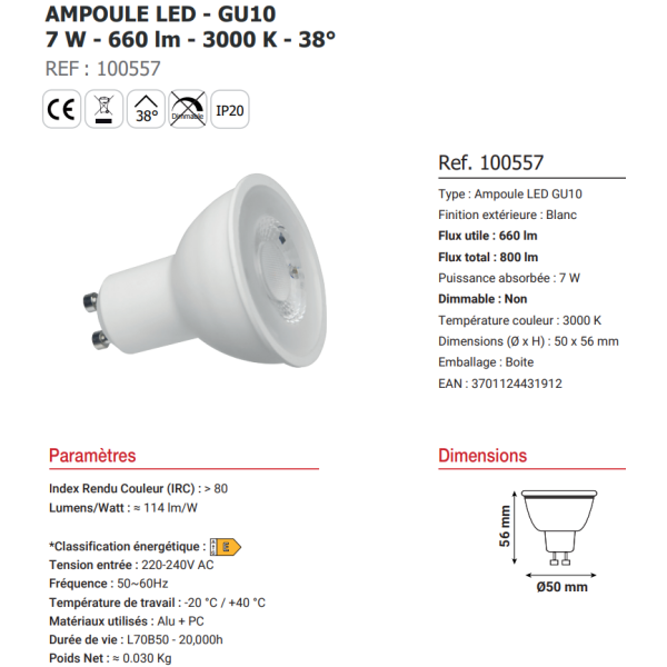 Miidex - Kit spot encastré BBC Fixe blanc 7W - 3000K - NON dimmable - Réf. : 7718 + 100557