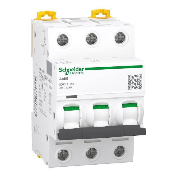 Schneider - Acti9 - iC60N - Disjoncteur - 3P - 10A - 6kA - courbe D - Réf : A9F75310