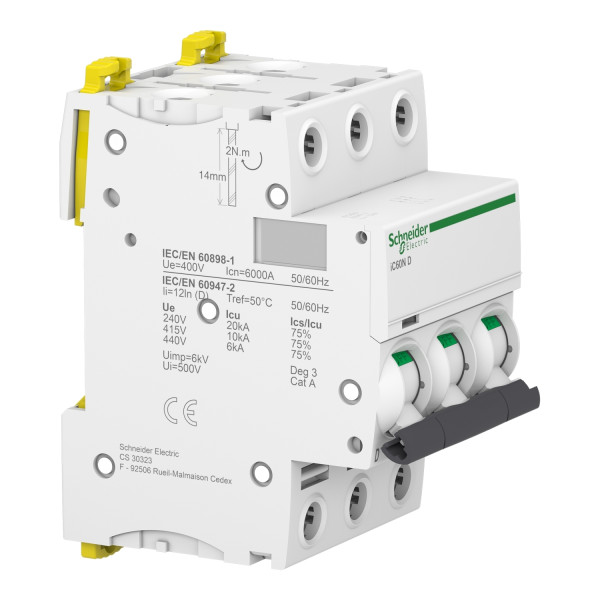 Schneider - Acti9 - iC60N - Disjoncteur - 3P - 10A - 6kA - courbe D - Réf : A9F75310