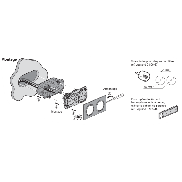 Legrand - Dooxie - Prise 2P+T double pré-câblé + Plaque - Blanc - Ref. : 600332 + 600802