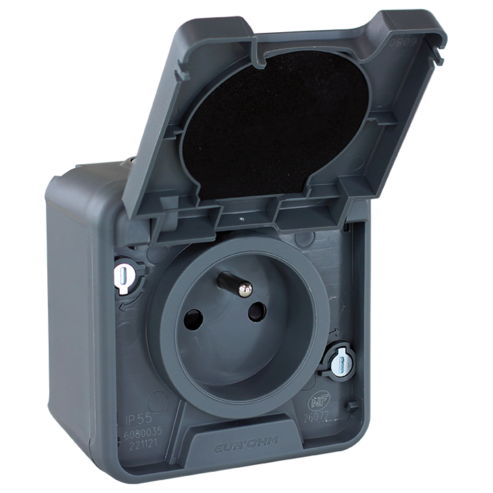 Eur'Ohm - OXXO - Prise de courant 2P+T - Saillie - IP55 - IK08 - Connexion automatique - Anthracite - Réf : 60840