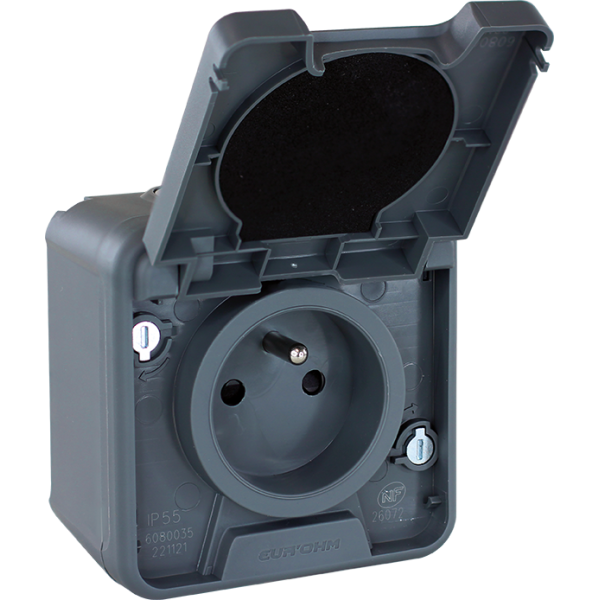 Eur'Ohm - OXXO - Prise de courant 2P+T - Saillie - IP55 - IK08 - Connexion automatique - Anthracite - Réf : 60840