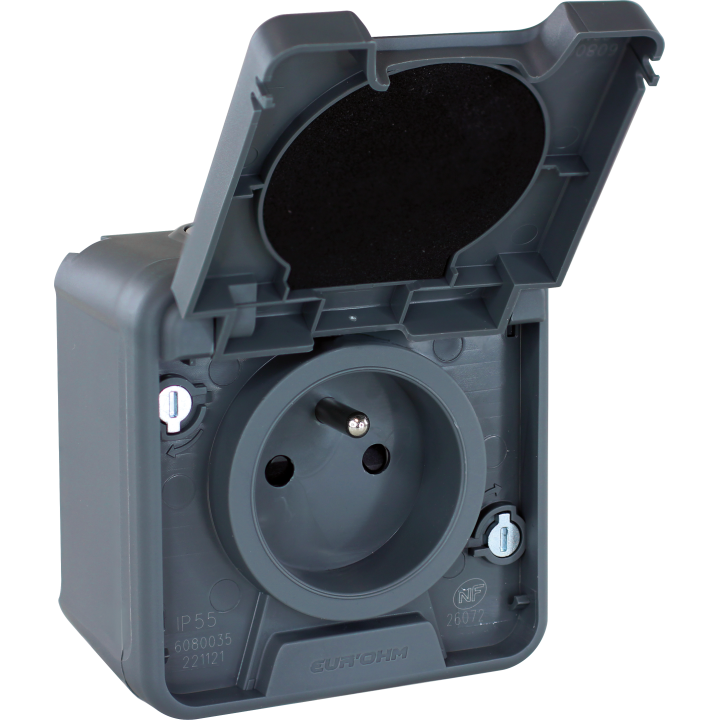 Eur'Ohm - OXXO - Prise de courant 2P+T - Saillie - IP55 - IK08 - Connexion automatique - Anthracite - Réf : 60840