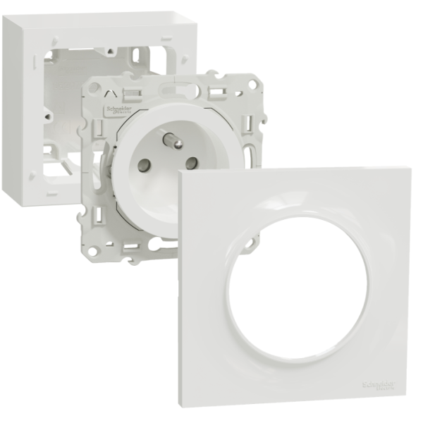 Schneider - Odace 2011 - Prise + Plaque + cadre saillie 1 poste - Blanc - Ref. : S520059 + S520762 + S520702