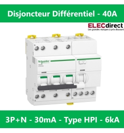 Schneider - LOT Disjoncteur 40A - 3P+N - courbe C + Bloc Vigi 40A - 3P+N - type HPI - Réf : A9P22740 + A9Y64740