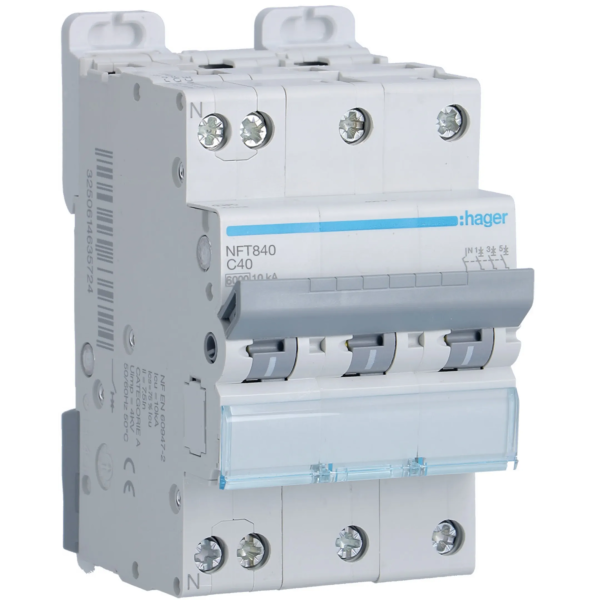Hager - Disjoncteur 40A - 3P+N - courbe C avec Bloc différentiel 40A - 3P+N - type F - Réf : BDF440F+NFT840