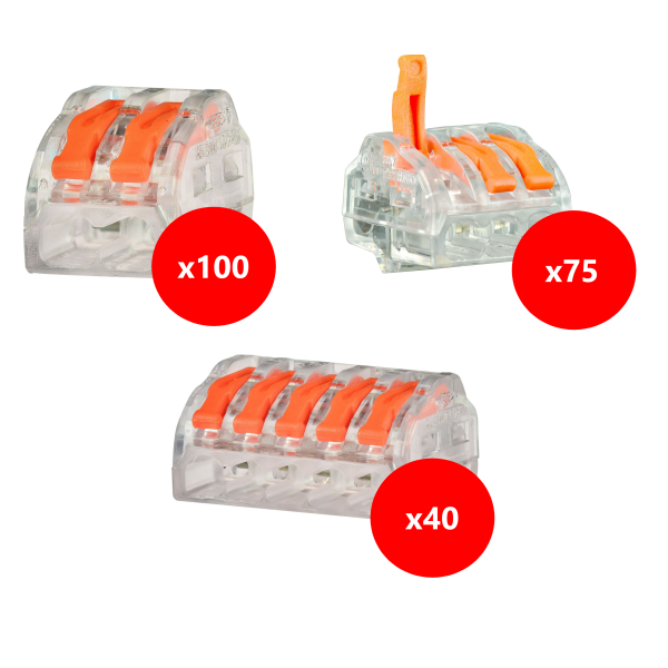 Capri - Lot connecteurs à levier 2, 3 et 5 entrées - fil rigide ou souple 0,5-4 mm (215 borniers) - Réf : 308102+308103+308105