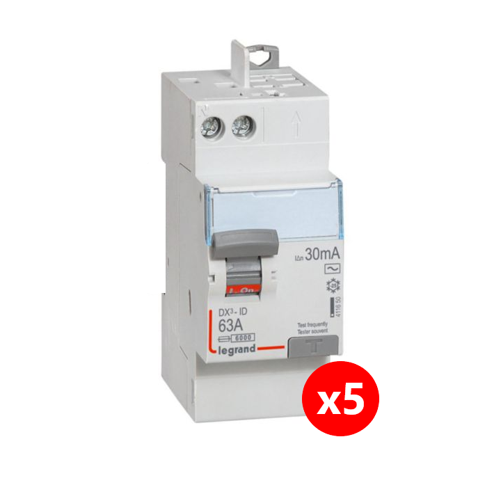 LEGRAND - LOT de 5 inter différentiels DX3 - ID 2x63A - 30mA AC - Réf. : 411650 x 5
