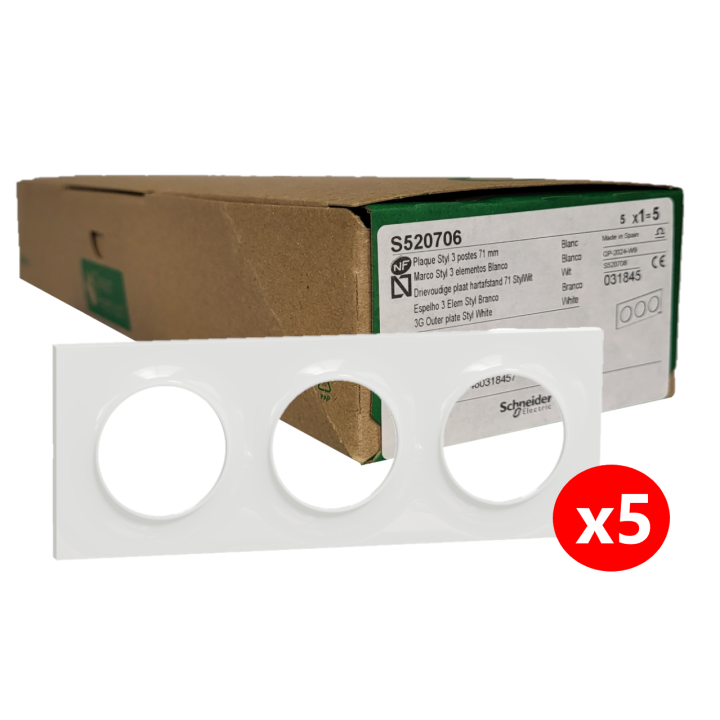 Schneider - Odace 2011 - Styl - LOT de 5 Plaques 3 postes - Entraxe 71 mm - Blanc - Ref. : S520706x5