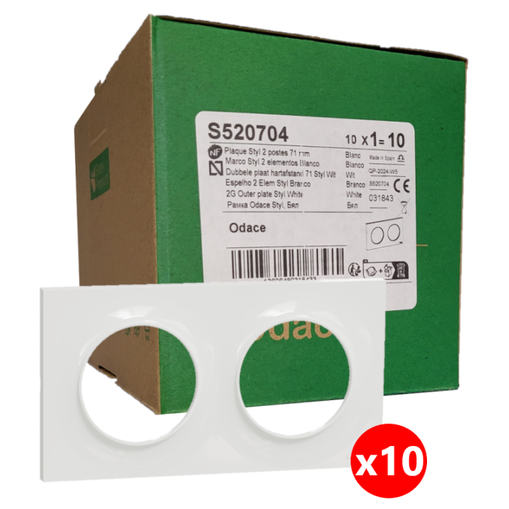 Schneider - Odace 2011 - Styl - LOT de 10 Plaques 2 postes - Entraxe 71 mm - Blanc - Ref. : S520704x10