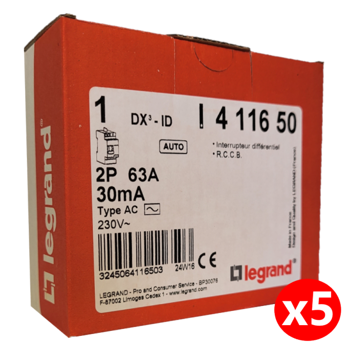 LEGRAND - LOT de 5 inter différentiels DX3 - ID 2x63A - 30mA AC - Réf. : 411650 x 5