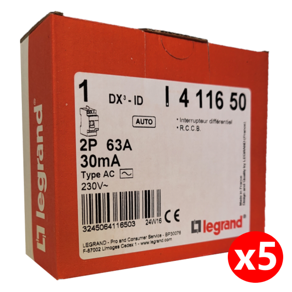 LEGRAND - LOT de 5 inter différentiels DX3 - ID 2x63A - 30mA AC - Réf. : 411650 x 5